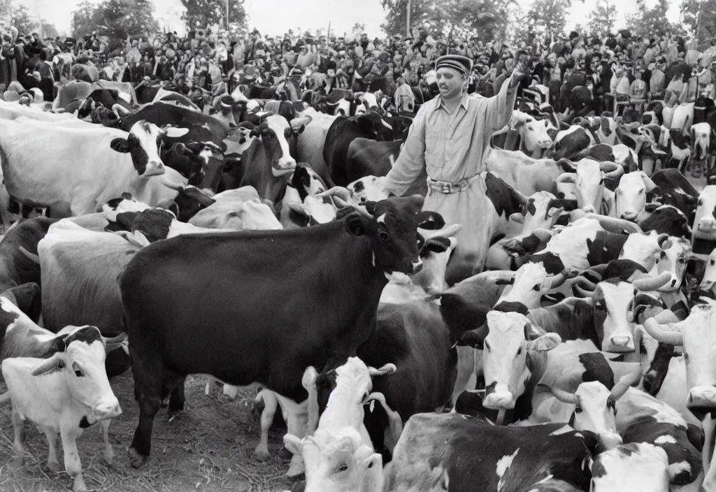 Image similar to jesus preaching to cows in nazi germany, dressed as a milkman