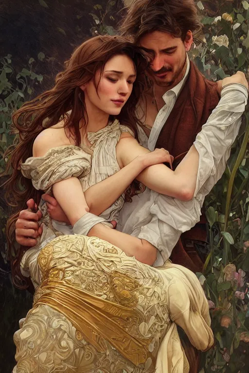 Image similar to portrait of a man in dhl van hugging his wife, feelings, romantic, fantasy, intricate, elegant, highly detailed, digital painting, artstation, concept art, smooth, sharp focus, illustration, art by artgerm and greg rutkowski and alphonse mucha