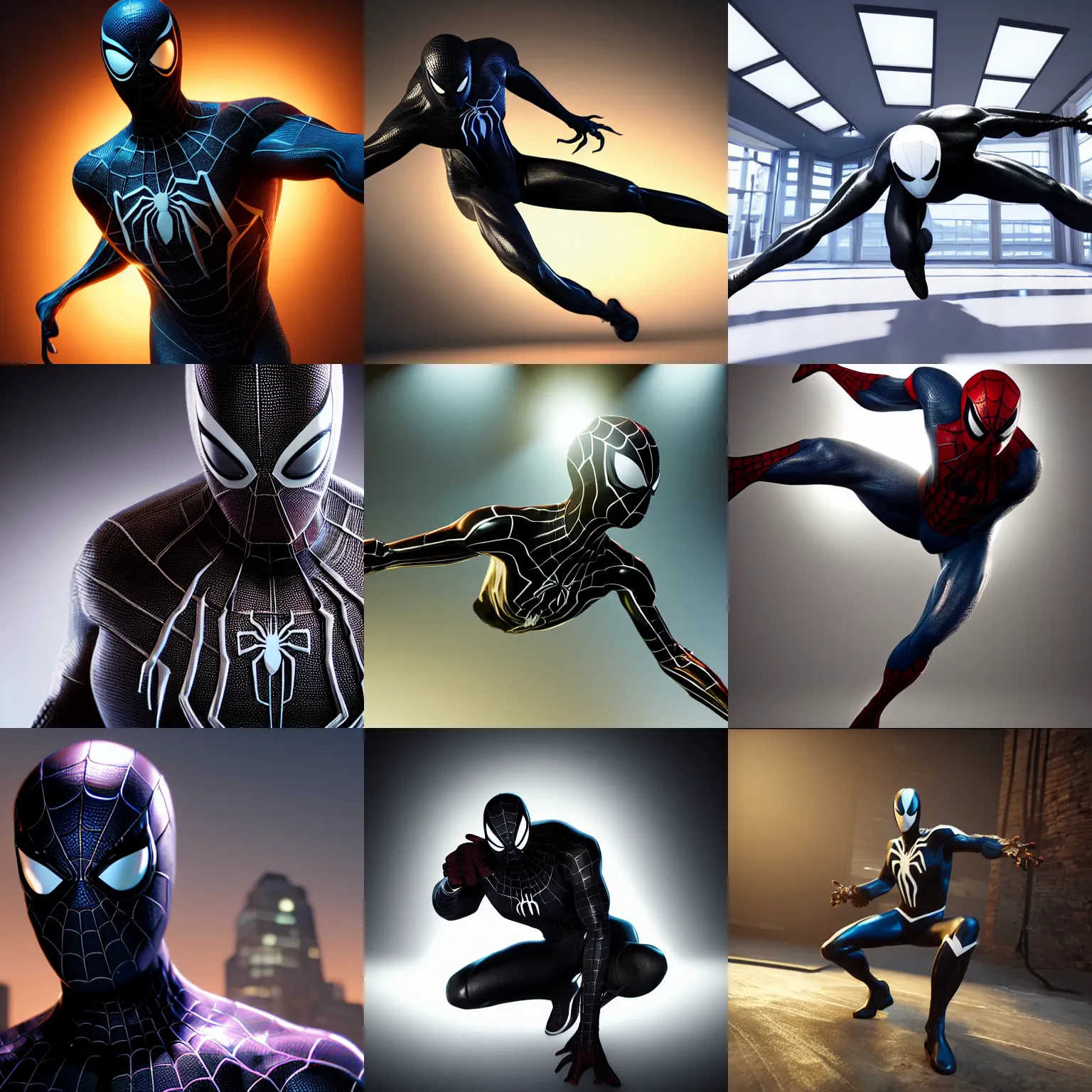 Prompt: bright studio setting, crisp quality and light reflections, unreal engine 5 quality render, photorealistic portrait, highly detailed, still photo of symbiote spider - man, studio lighting