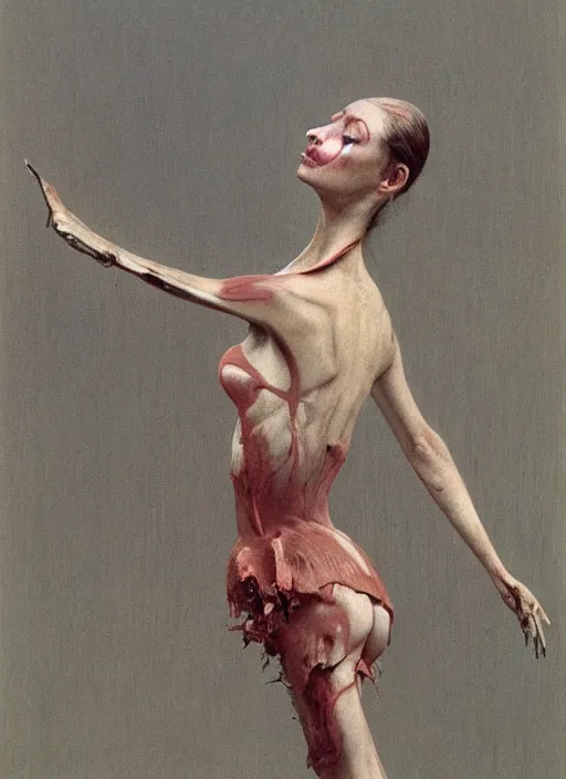 Image similar to the ballerina butcher, painted by zdzislaw beksinski