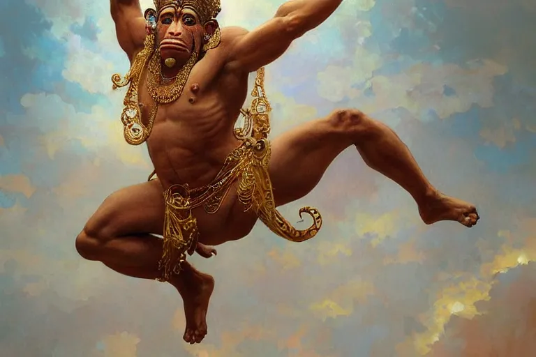 Prompt: award winning full body portrait of a beautiful ornated hanuman god, leaping!!!!!, intricate, elegant, highly detailed, digital painting, artstation, concept art, smooth, sharp focus, digital illustration, art by krenz cushart and artem demura and alphonse mucha