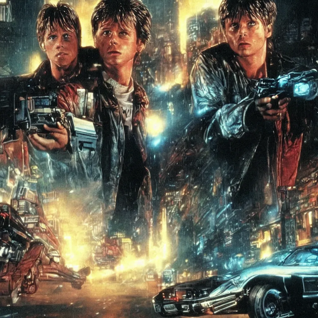 Image similar to back to future marty mcfly near predator in a city like blade runner