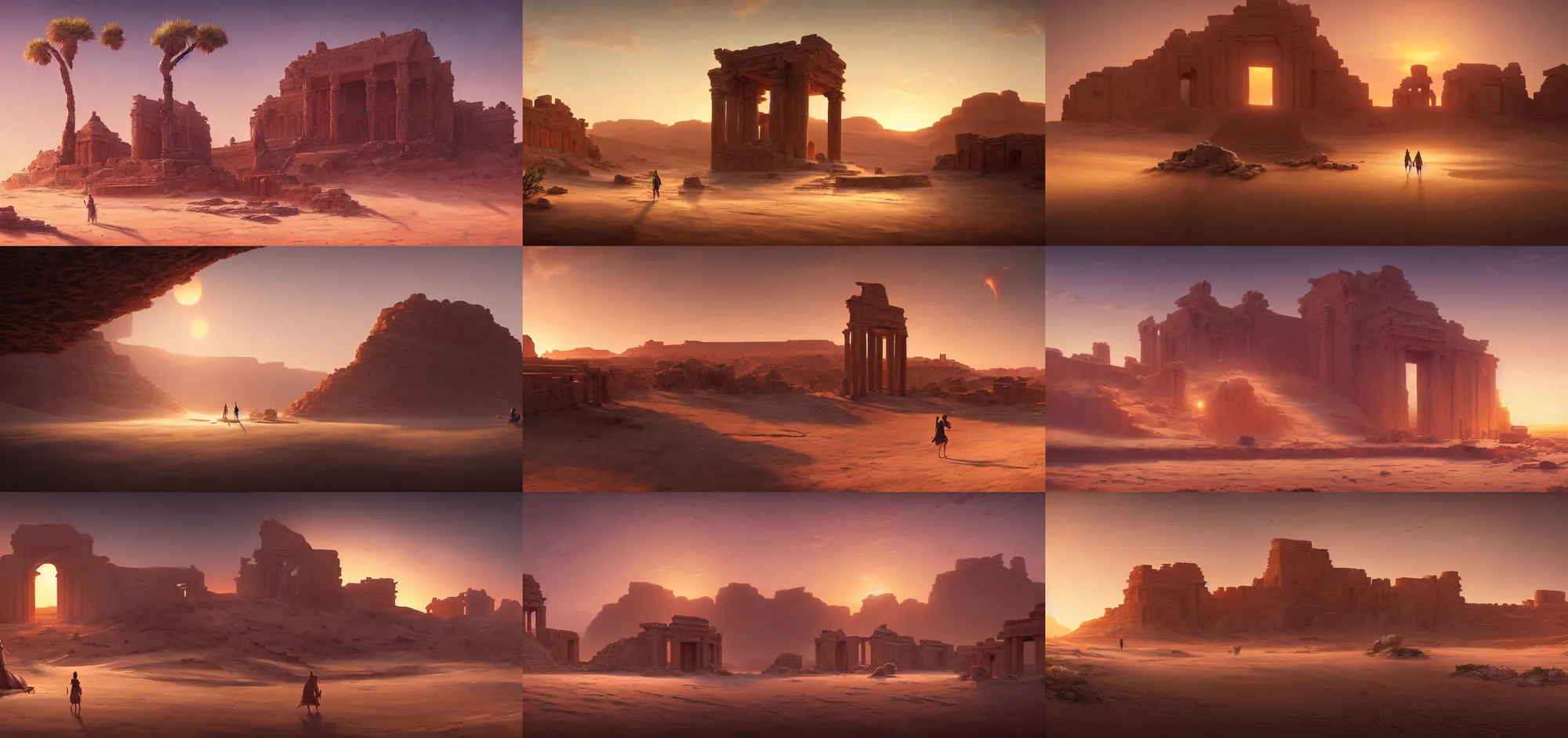 Image similar to beautiful render of a desert landscape, unreal engine, stunning sunset, majestic dunes, ancient temple ruins, soft light, by greg rutkowski, cgsociety