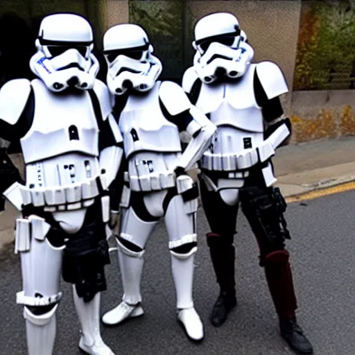 Prompt: two stormtroopers taking pictures with women on the street