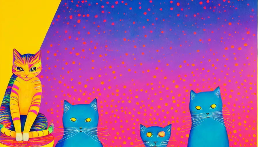 Image similar to contemporary semi abstract acrylic painting of really tall sitting cats by makoto shinkai, by lisa frank, by victo ngai, by kessler art, thick brush strokes and visible paint layers, multicolor color scheme