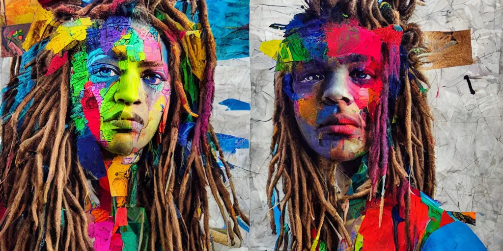 Image similar to dreadlocks chillin, collage paper and tape, acrylic on canvas, hyperrealism mixed with expressionism, high resolution, cinematic, unreal 6 breathtaking detailed, by blake neubert