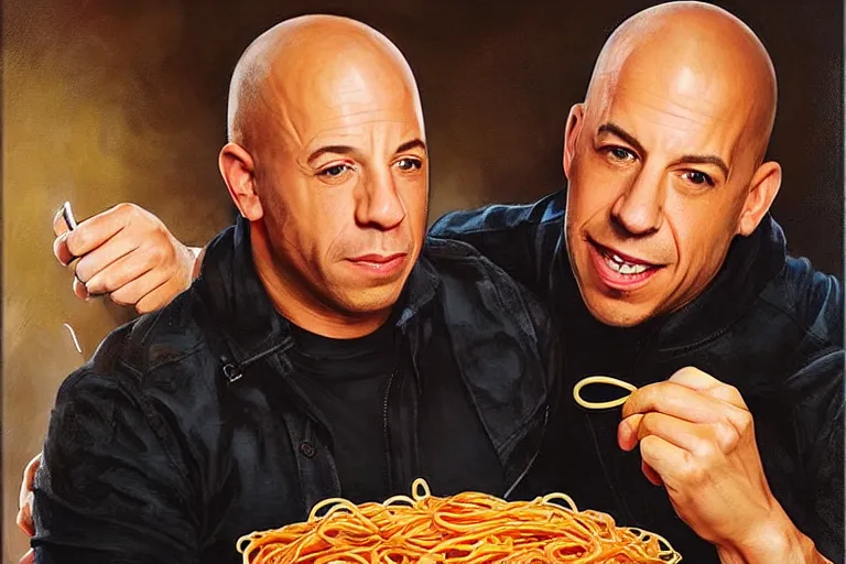Prompt: portrait of vin diesel and willem dafoe sharing spaghetti, an oil painting by ross tran and thomas kincade