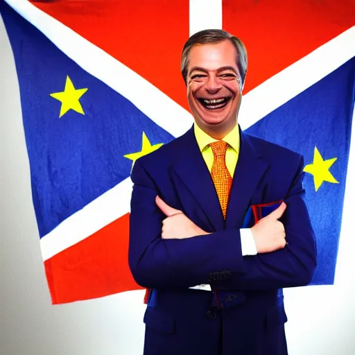 Image similar to nigel farage laughing holding burning eu flag, studio photograph, hd, studio