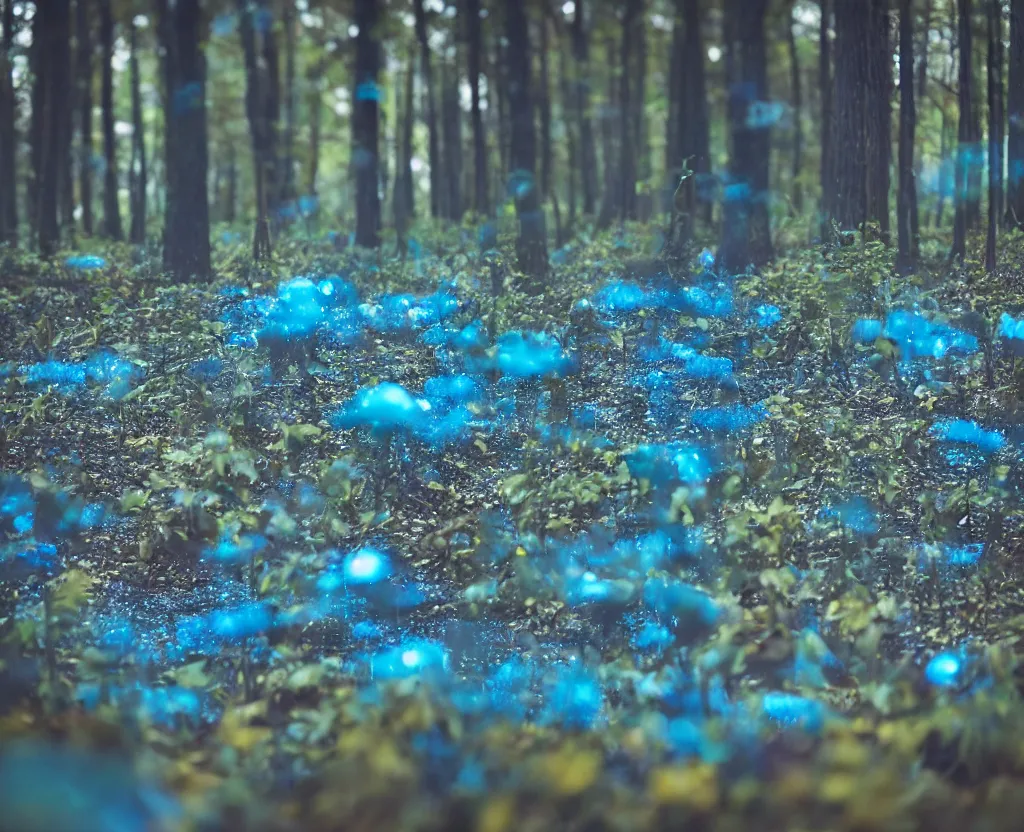 Image similar to blue forest, glowing mushrooms, sigma lens, strong bokeh, photography, highly detailed, 8 5 mm, f / 1. 3, fog, dusk, fantasy