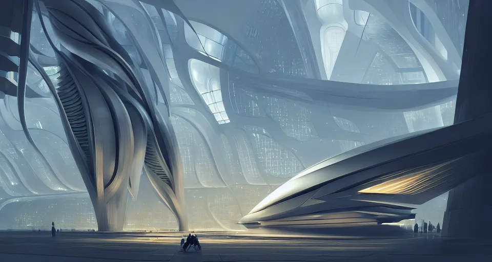 Prompt: cinematic shot, futuristic building, crowded, utopian, zaha hadid, bright, white, lights, digital painting, artstation, concept art, smooth, sharp focus, illustration, intricate, elegant, highly detailed, in the style of greg rutkowski and alphonse mucha and artemisia, 8 k, highly detailed, jurgens, rutkowski