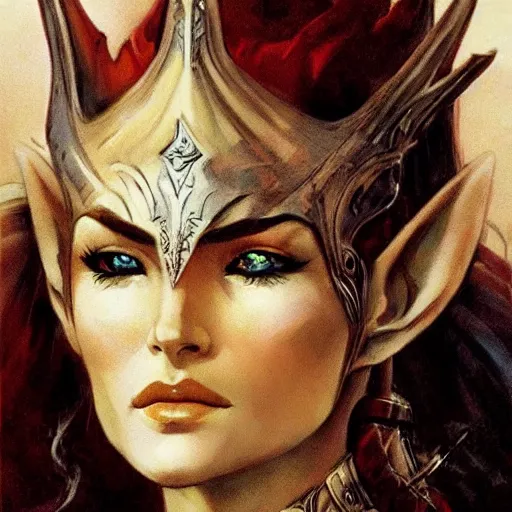 Image similar to elven queen character portrait by frank frazetta, fantasy, dungeons & dragons, sharp focus, beautiful, artstation contest winner, detailed