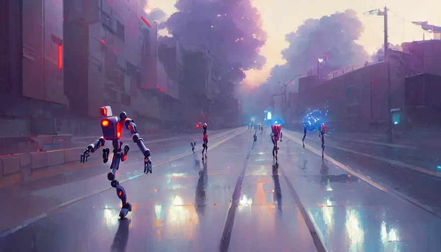 Prompt: running robots in a marathon, digital painting, illustration by pixar and artgerm and greg rutkowski and makoto shinkai, artstation