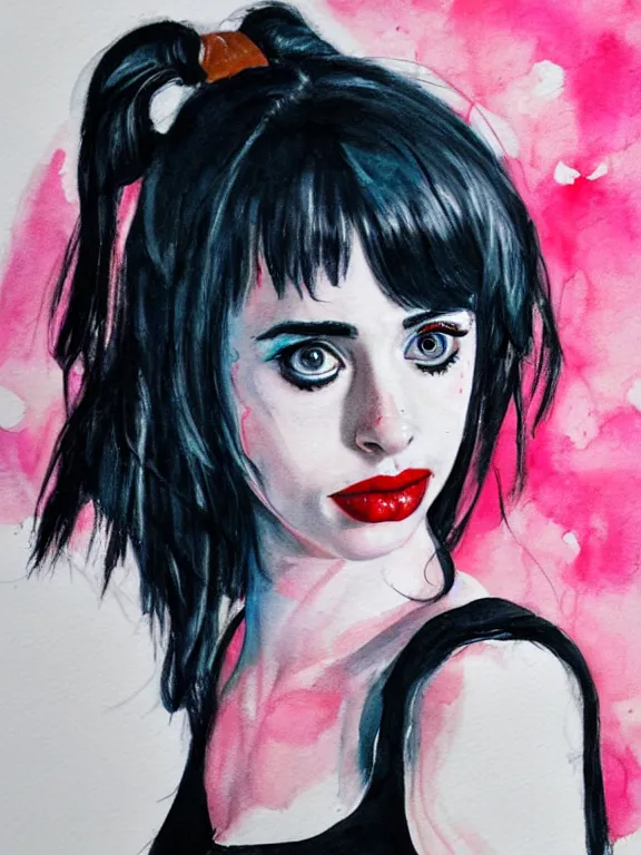 Prompt: portrait of a young krysten ritter as harley quinn, closing her eyes, aquarelle, realistic painting, freckles, 1 / 4 headshot