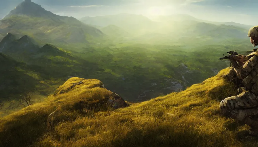 Image similar to side view of a soldier on knees on the edge of a green mountains watching the horizon, sunny day, volumetric light, hyperdetailed, artstation, cgsociety, 8 k