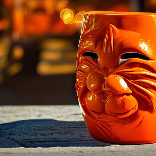 Image similar to a closeup photorealistic photograph of a glossy orange cat garfield style tiki mug sitting at a trader vic's beach bar featuring garfield's face. tiki theme. bright scene. fine detail. this 4 k hd image is trending on artstation, featured on behance, well - rendered, extra crisp, features intricate detail, epic composition and the style of unreal engine.