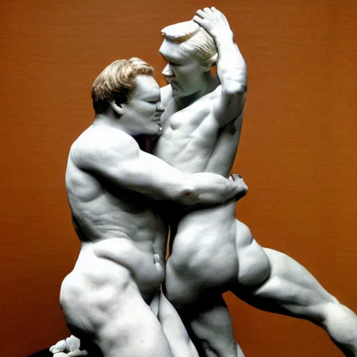Image similar to conan o'brien and andy richter wrestling, by rodin, marble