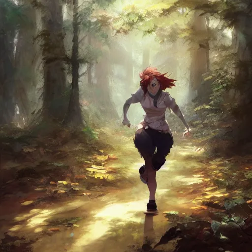 Image similar to a woman running through the forest, a detailed painting by krenz cushart, pixiv contest winner, fantasy art, official art, detailed painting, pixiv. highly detailed. 4 k masterpiece.