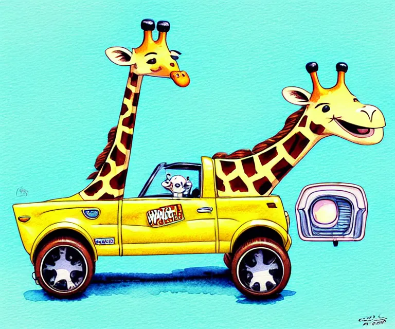 Image similar to cute and funny, giraffe wearing a helmet riding in a tiny hot rod with oversized engine, ratfink style by ed roth, centered award winning watercolor pen illustration, isometric illustration by chihiro iwasaki, edited by range murata, tiny details by artgerm and watercolor girl, symmetrically isometrically centered