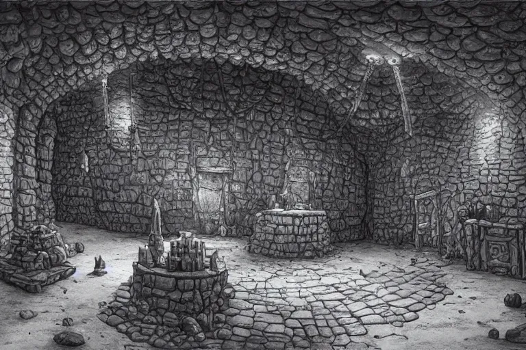 Image similar to black and white point perspective dungeon cozy fantasy dungeon You step into the biological room. The walls and floor are made out of salt that kinda smells like condensation trails. A flexible force of dwarfs guards the room. ,by artgerm and Craig Mullins, James Jean, Andrey Ryabovichev, Mark Simonetti and Peter Morbacher 16k