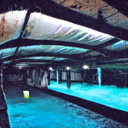 Prompt: an underground water park, dingy, dark lighting, after hours, dark,