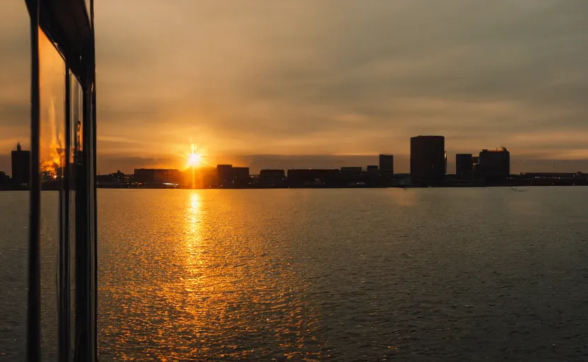 Image similar to photo of sunrise view of buffalo as seen from bus, scene from being john malcovich film directed by charlie kaufman ( 2 0 0 1 ), moody cinematography and lighting, 2 4 mm anamorphic lens