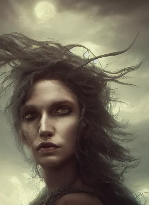 Image similar to a portrait of a creepy sea witch with dark turbulent skies, photorealistic, by jessica rossier, 4 k resolution