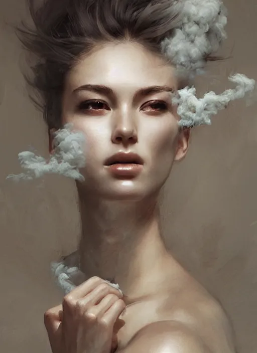 Image similar to portrait of beautiful woman made of ash and smoke, intricate, elegant, highly detailed, digital photography, art by artgerm ruan jia and greg rutkowski