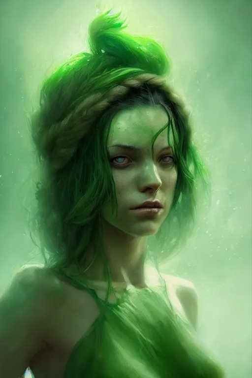 Image similar to character art by bastien lecouffe - deharme, young woman, green hair, green skin, nature powers, 4 k, arstation, trending