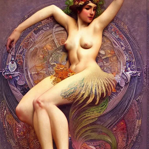 Image similar to full body pose, hyperrealistic oil painting of beautiful starbucks mermaid, dim volumetric lighting, art nouveau, by mucha and elvgren. extremely hyper detailed, intricate, epic composition, cinematic lighting, masterpiece, trending on artstation