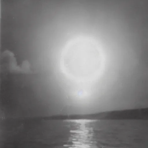 Prompt: 1 9 3 0 s photograph of a massive creature with glowing eyes peaking it's head out from a lake