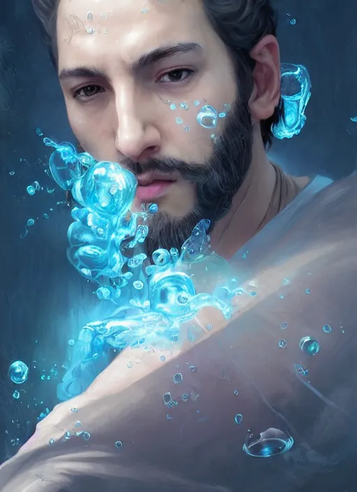 Image similar to character concept portrait of an attractive young focused Spanish wizard with pale blue enchanting a bubbling seduction spell, a floating wet spell book in the center, intricate, elegant, digital painting, concept art, smooth, sharp focus, illustration, from Metal Gear, by Ruan Jia and Mandy Jurgens and William-Adolphe Bouguereau, Artgerm