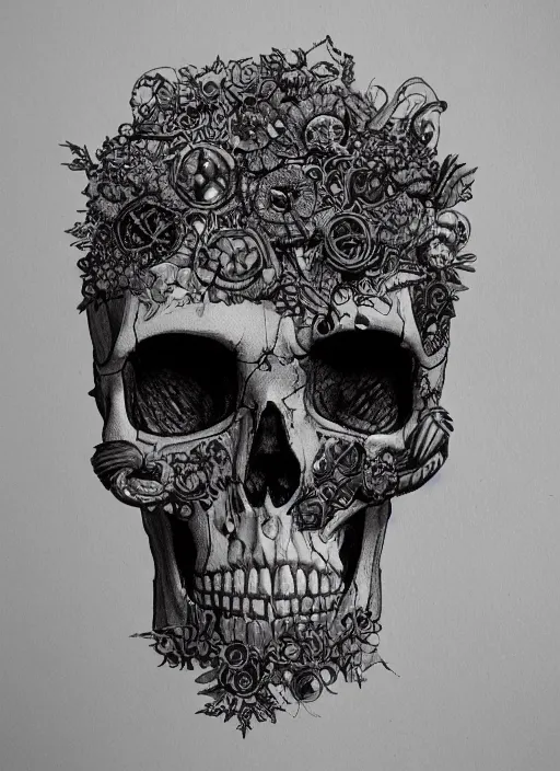 Image similar to intricate detailed biopunk cyberpunk skull, ivy, death,