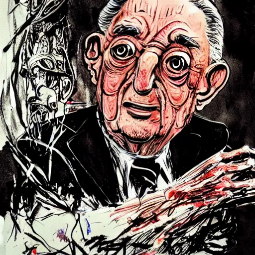 Image similar to George Soros by Ralph Steadman, illustration, body horror, biopunk