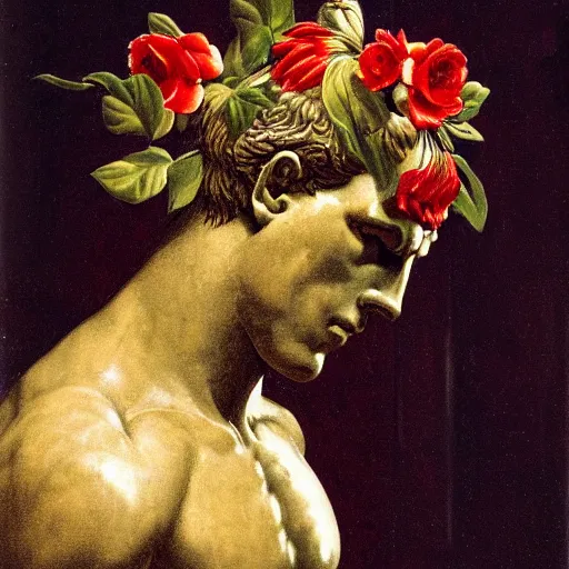 Prompt: man in the form of a marble greek baroque sculpture, eyes all over body, red blooming flowers, head in shape of globe, ornate golden background, red white and gold color scheme