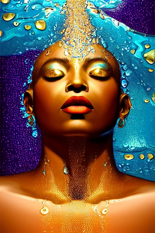 Image similar to hyperrealistic precisionist cinematic super expressive! oshun goddess immersed in water!, mirror dripping droplet, gold ornate jewely, highly detailed face, digital art masterpiece, smooth eric zener cam de leon, dramatic pearlescent turquoise light on one side, low angle uhd 8 k, shallow depth of field