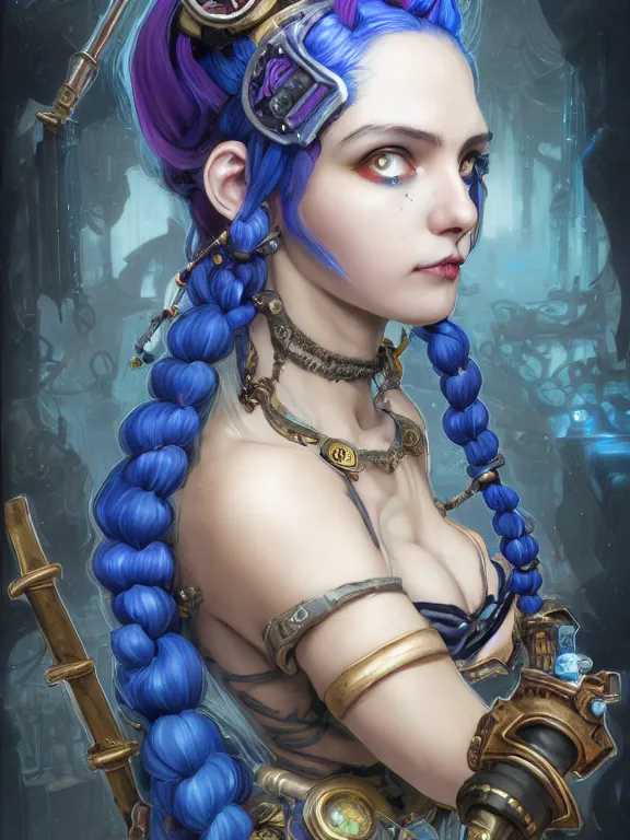 Image similar to a League of Legends FAN ART Portrait of crazy JINX , blue hair, long pigtail, steampunk,neuroticism,intricate, elegant, highly detailed, digital painting, concept art, smooth, sharp focus, illustration, by Laurie Greasley,Lawrence Alma-Tadema,Dan Mumford,artstation,deviantart,Unreal Engine,face enhance,8K,golden ratio,cinematic lighting