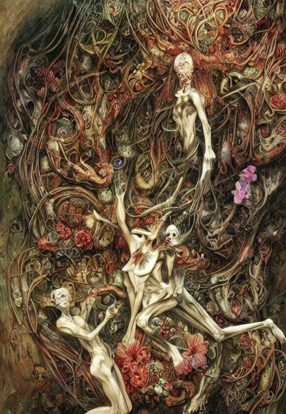 Image similar to simplicity, elegant, colorful muscular eldritch bodies and bones radiating from fractal, orchids, flowers, mandala, white bones, by h. r. giger and esao andrews and maria sibylla merian eugene delacroix, gustave dore, thomas moran, pop art, chiaroscuro, biopunk, art nouveau