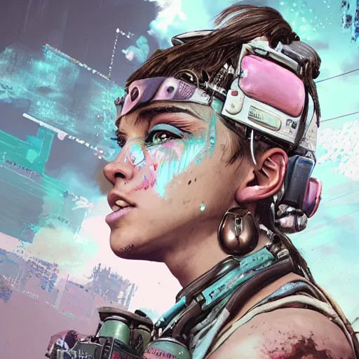 Image similar to highly detailed portrait of a post-cyberpunk south african young lady by Akihiko Yoshida, Greg Tocchini, 4k resolution, mad max inspired, pastel pink, light blue, brown, white and black color scheme with south african symbols and graffiti