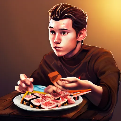 Prompt: tom holland eating spam musubi, digital art, trending on artstation, 8 k, highly detailed