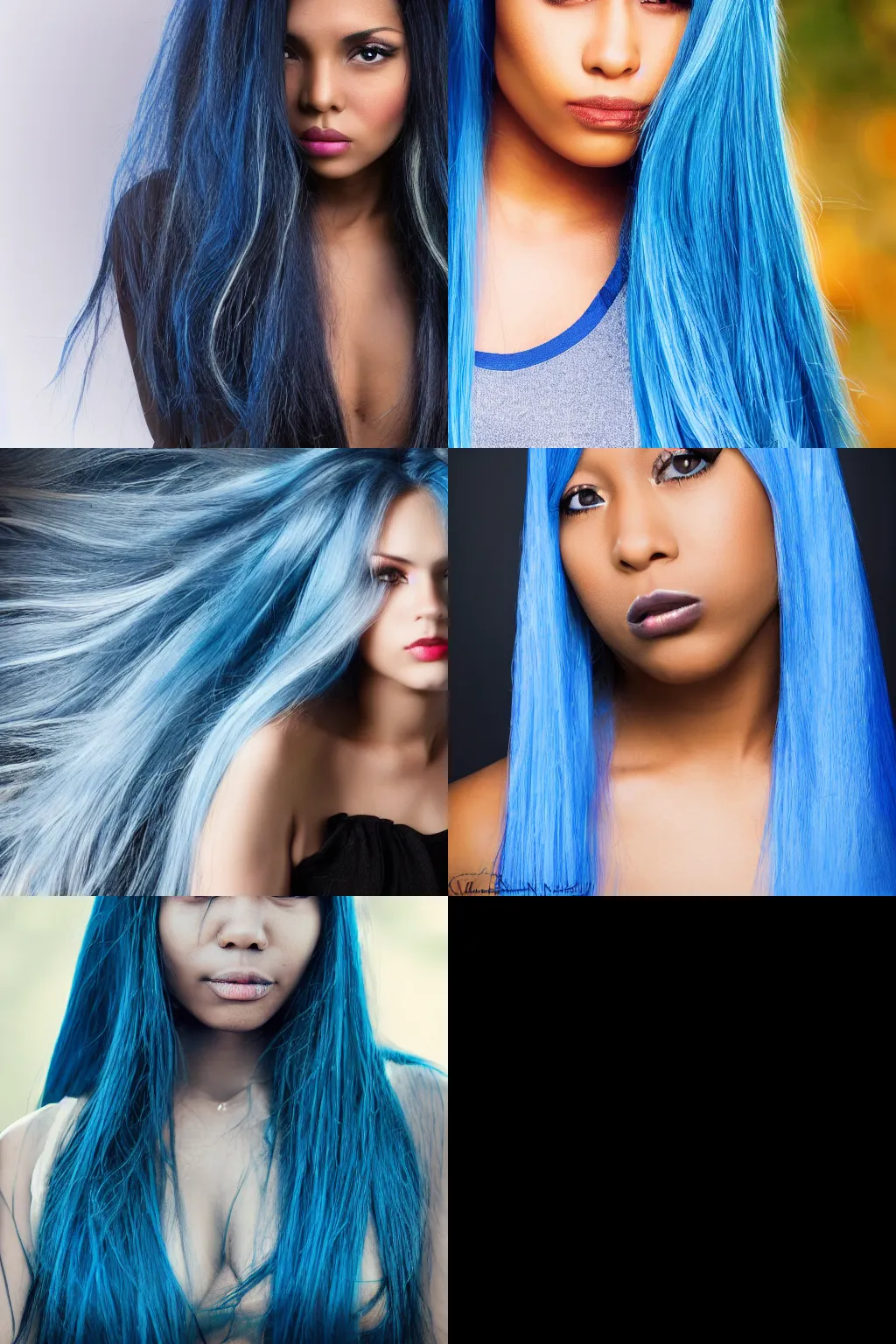 Prompt: portrait of a woman with darker skin with long blue hair and blue eyes, headshot, photography, high definition, colored