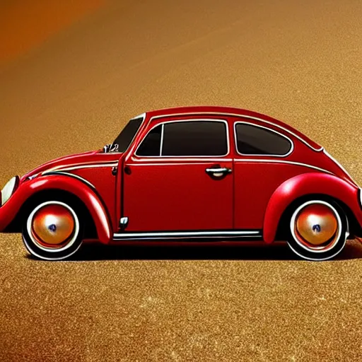 Prompt: promotional movie scene of a ( volkswagen beatle ) and ladybug hybrid. a ( volkswagen beatle ) merged into a ladybug. the hybrid is racing down a dusty back - road. cinematic, 4 k, imax, 7 0 mm