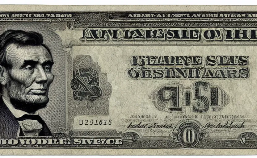 Prompt: rectangular photograph of five dollar u. s. currency note featuring lincoln