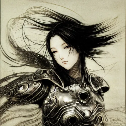 Image similar to yoshitaka amano realistic illustration of an anime girl with black eyes, wavy white hair fluttering in the wind and cracks on her face wearing elden ring armor with engraving, abstract black and white patterns on the background, noisy film grain effect, highly detailed, renaissance oil painting, weird portrait angle, three quarter view