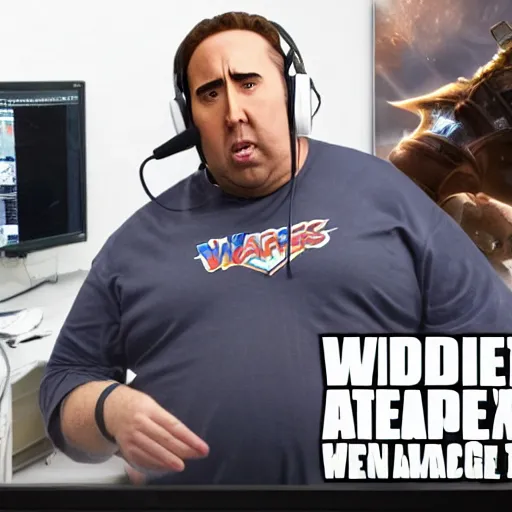 Image similar to obese nicolas cage wearing a headset yelling at his monitor while playing WoW highly detailed wide angle lens 10:9 aspect ration award winning photography