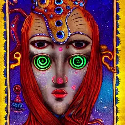 Image similar to three eyed goddess, third eye in middle of forehead, wide shot, hairy bodies, feet in water, beautiful colors, eye in forehead, pins, beautiful lighting, very detailed, eyes reflecting into eyes reflecting into infinity