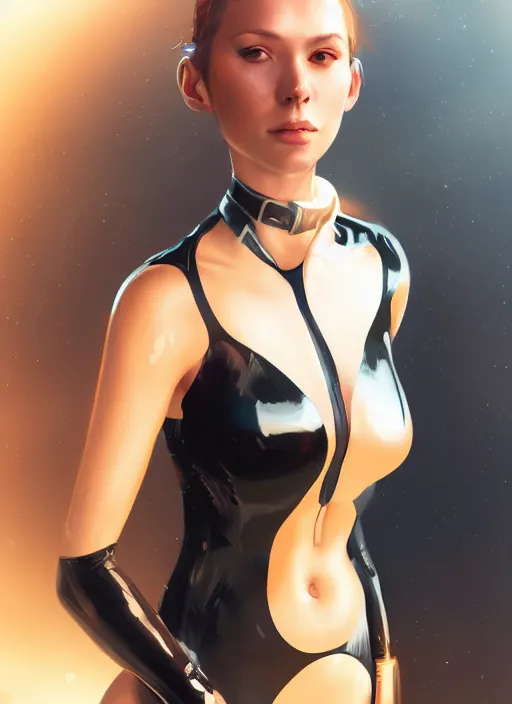 Image similar to Digital portrait of a female mech pilot in a black latex bodysuit, by Charlie Bowater, Ross Tran, WLOP, concept art, Artstation, bokeh background, complementary rim lighting, posing, no helmet