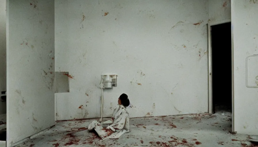 Prompt: 60s movie still of a white japanese female phantom bloody in an empty soviet stalinist style hospital with dark walls, cinestill 800t 35mm technicolor, heavy grain, high quality, higly detailed, liminal space