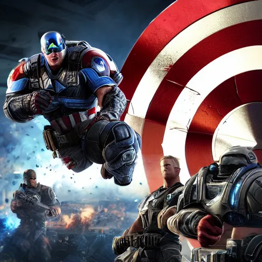 Image similar to Donald Trump as ((captain america)) in Gears of War, patriotic, splash art, movie still, cinematic lighting, dramatic, octane render, long lens, shallow depth of field, bokeh, anamorphic lens flare, 8k, hyper detailed, 35mm film grain