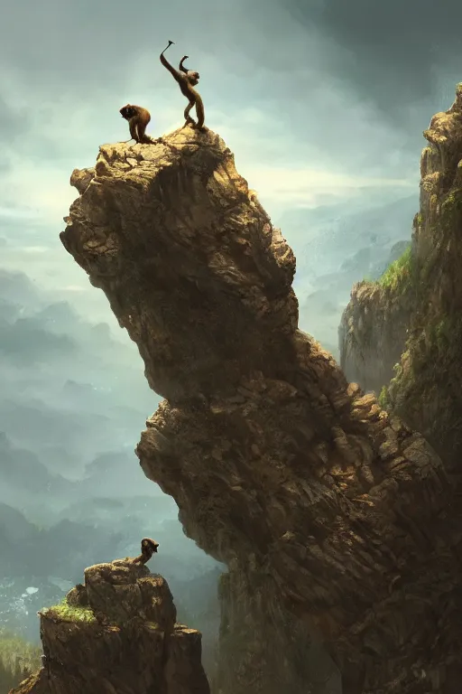 Prompt: a monkey standing at the top of a cliff throwing a bone in the air , dramatic lighting, cinematic, establishing shot, extremly high detail, photorealistic, cinematic lighting, artstation, style by James Gurney