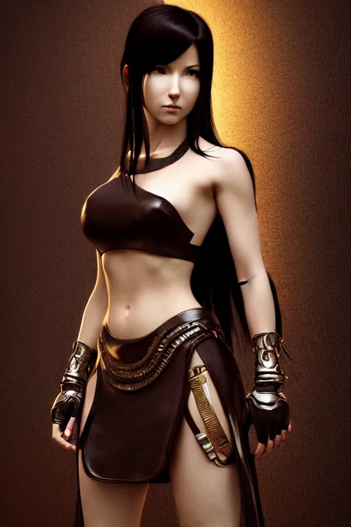 Prompt: Tifa Lockhart rendered in Cinema 4D, elegant and ornate futuristic armor, hands held across chest interlocking, dark brown flowing long hair, art by Artgerm and Alphonse Mucha, hyperrealism, full body photogenic shot, digital render, cinematic lighting ornate earrings, 8k resolution, masterpiece work